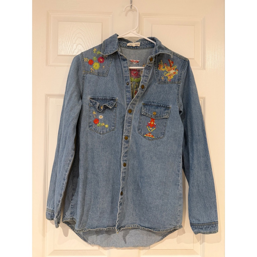 Women Blue Embroidered Western Denim Style Snap Front Shirt Large Eclectic